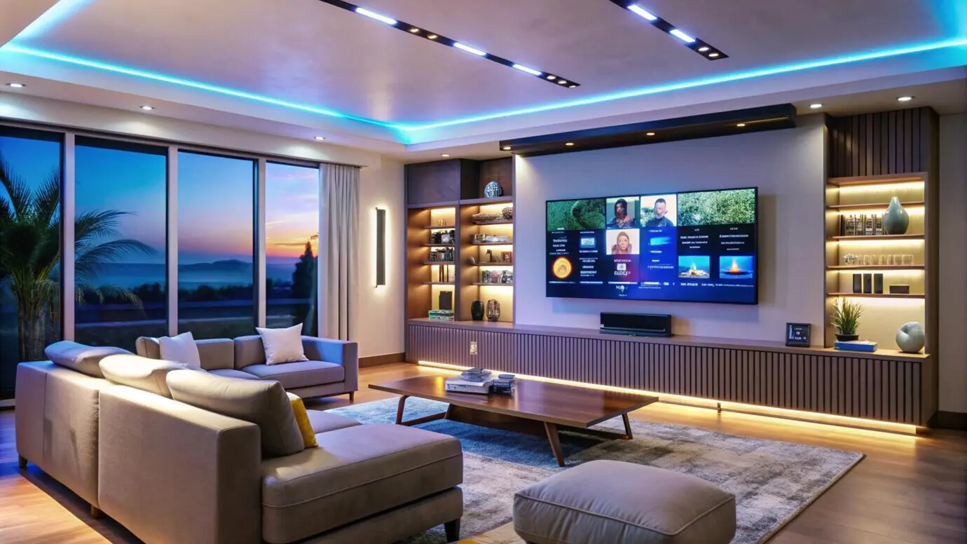 Contemporary living room with a large television and LED lighting